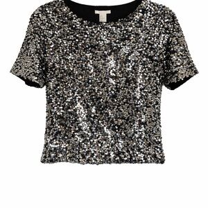 Sequin Short Sleeve Top - Black & Silver S